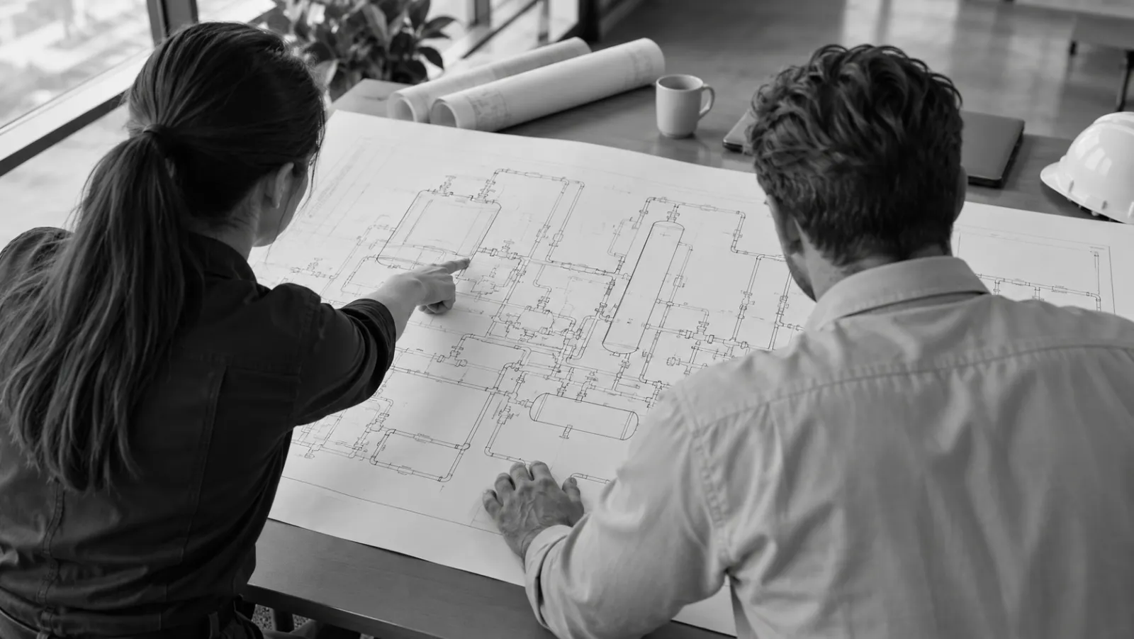 Two engineers, seen from behind, review a large piping and instrumentation drawing on a table in window light.