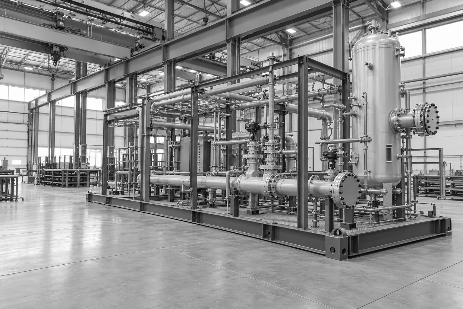 A steel skid-mounted process module under fabrication in a bright fabrication shop, with pipe spools, a vertical vessel and overhead crane rails.
