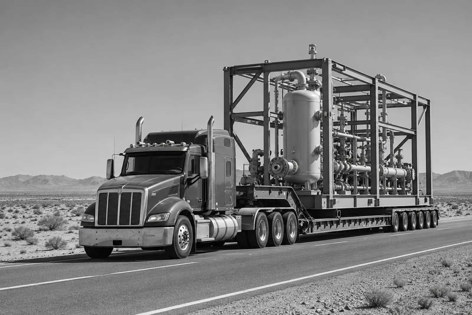 A steel skid process module with a vertical vessel and pipe spools, carried on a multi-axle lowboy trailer along a straight desert road under a clear sky.