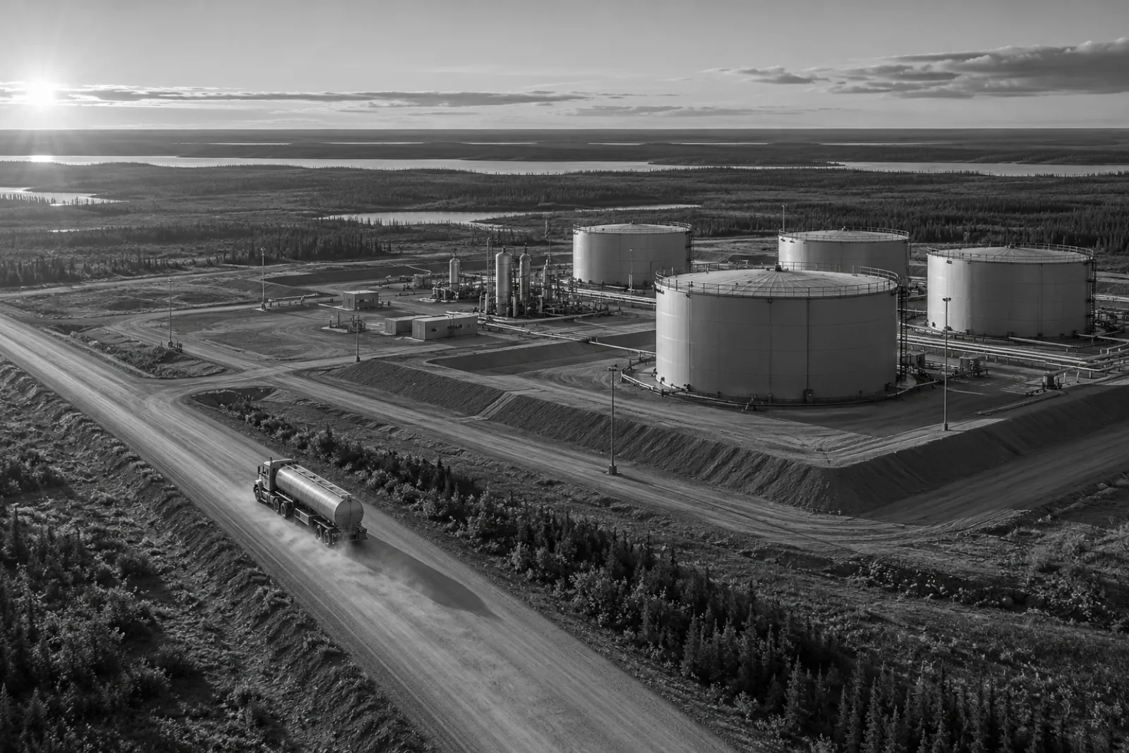 Aerial view of a heavy-crude tank farm in flat, forested oilfield country at low sun, with a tanker truck on a dirt road heading toward the tanks.