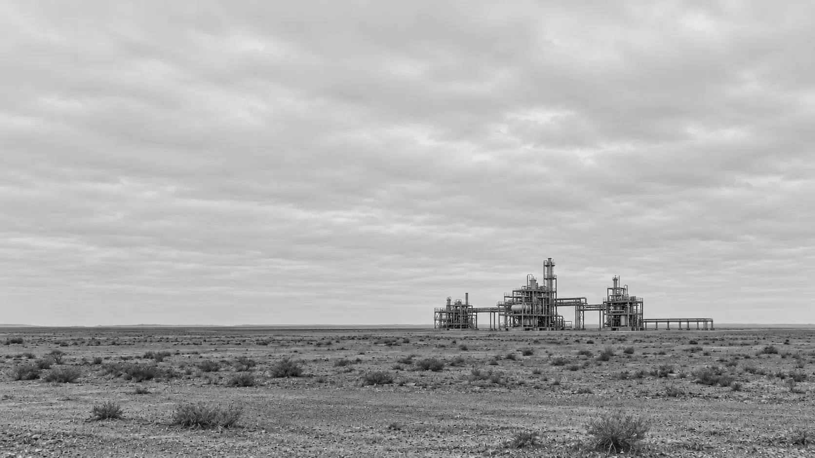A modular process plant of several skid modules joined by pipe racks, standing on a flat, remote, arid plain under an overcast sky.