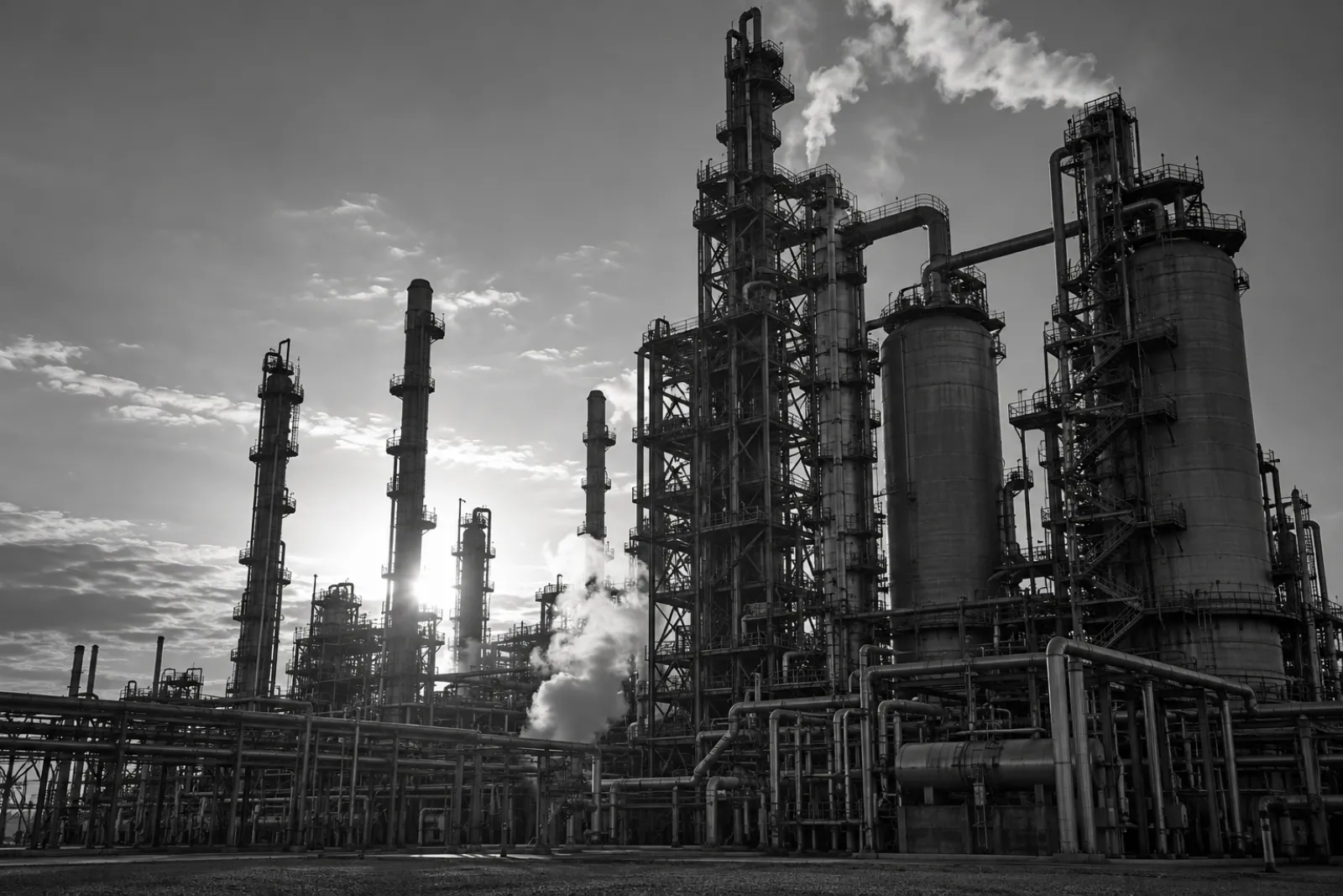 Refinery distillation columns and drums seen from ground level at dawn, backlit by a low sun, with steam rising from the units.