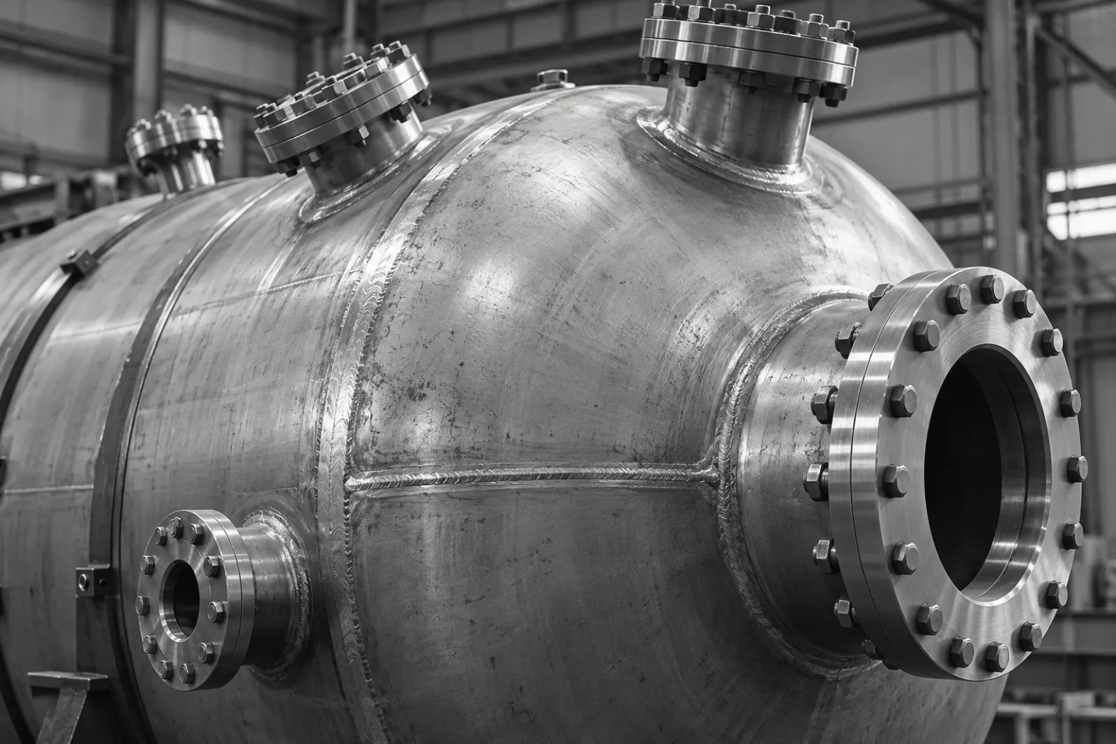 Close-up of a steel pressure vessel in a fabrication shop, showing its domed head, bolted flanged nozzles and weld seams.